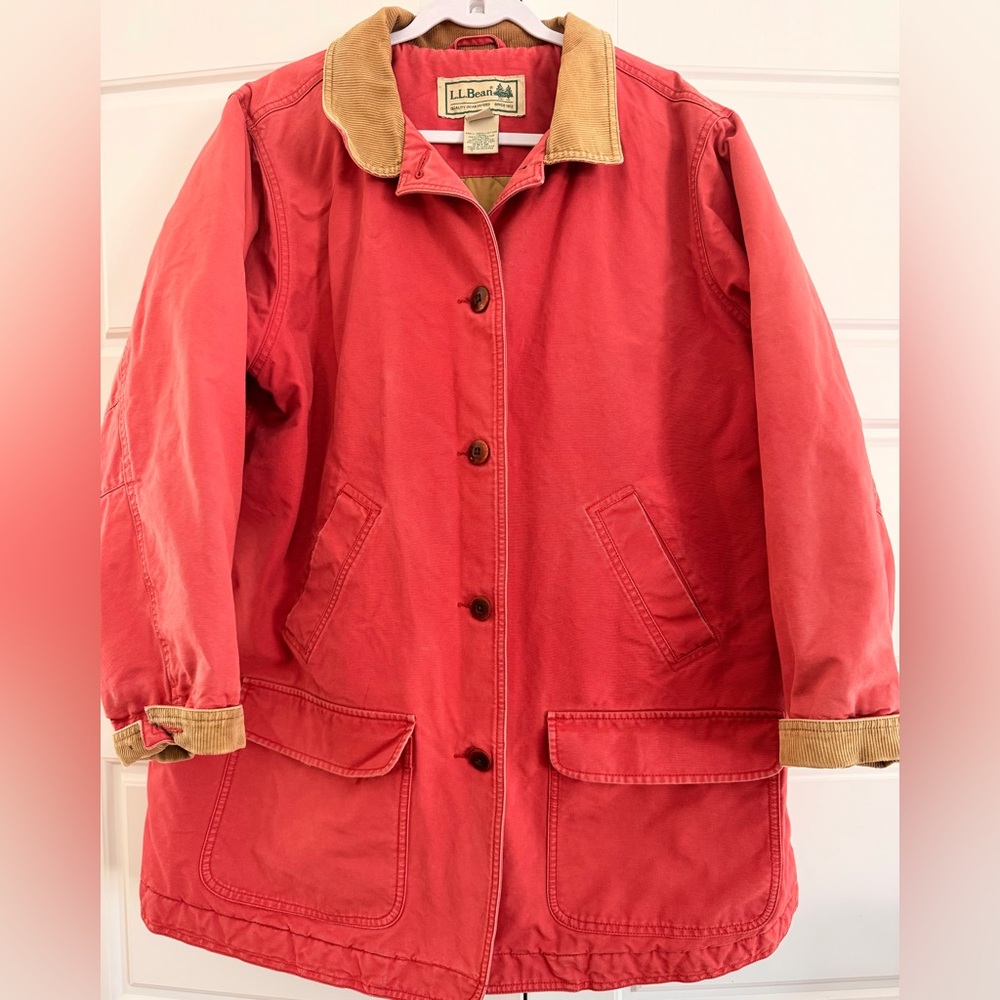 Vintage L.L. Bean Coral Utility Jacket / Barn Coat with Tan Corduroy Collar